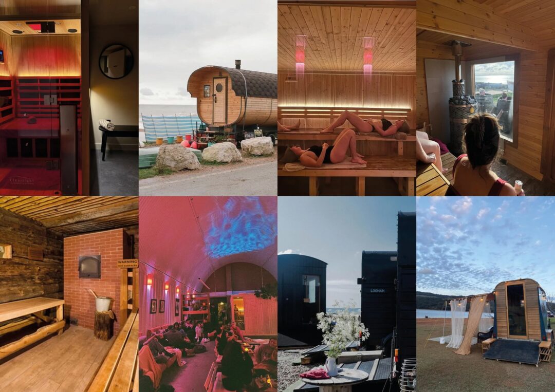 Women-only sauna interiors and a wooden barrel sauna by the sea, with hot steam and relaxation areas