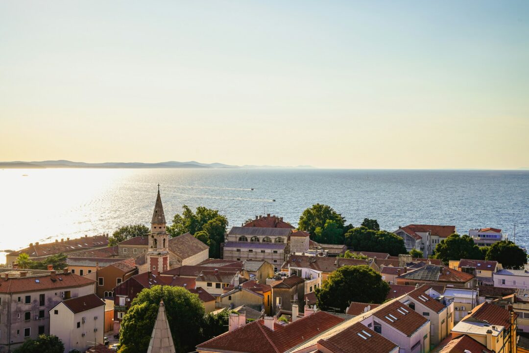 Aerial view of Zadar old town overlooking the Adriatic Sea at sunrise