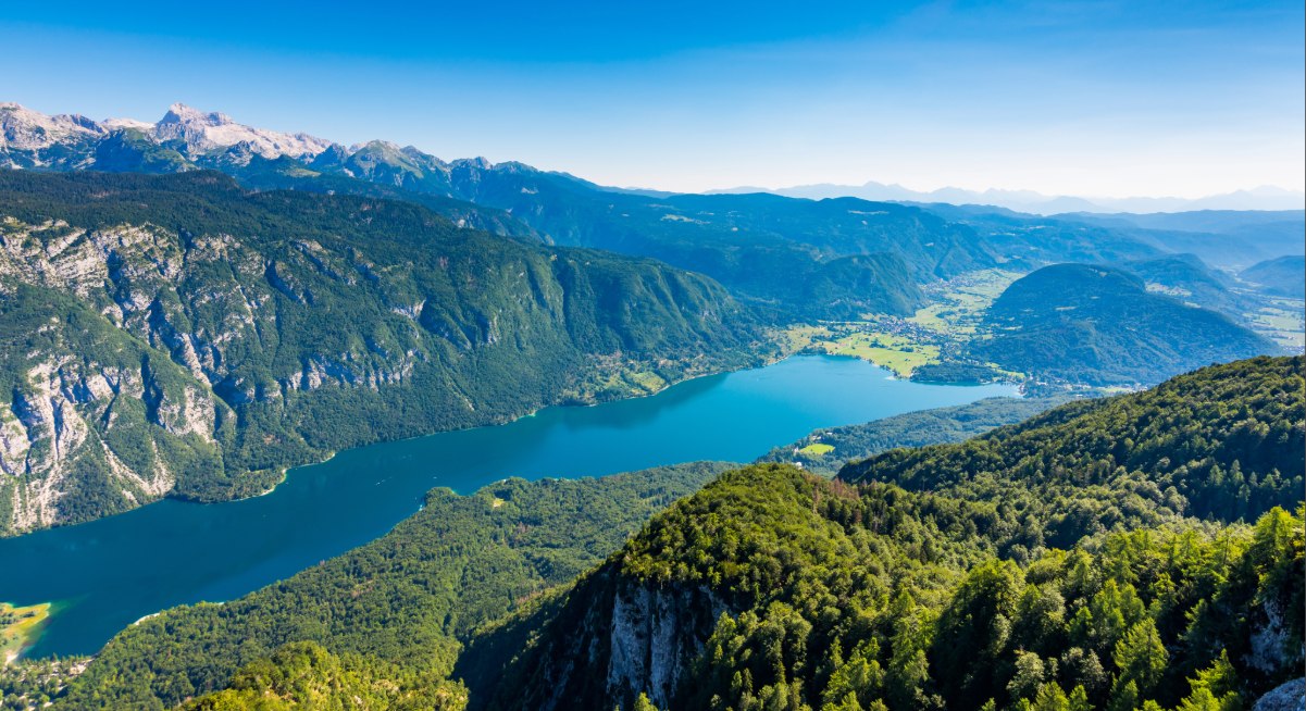 Turquoise lake winding through forested mountains under a clear blue sky