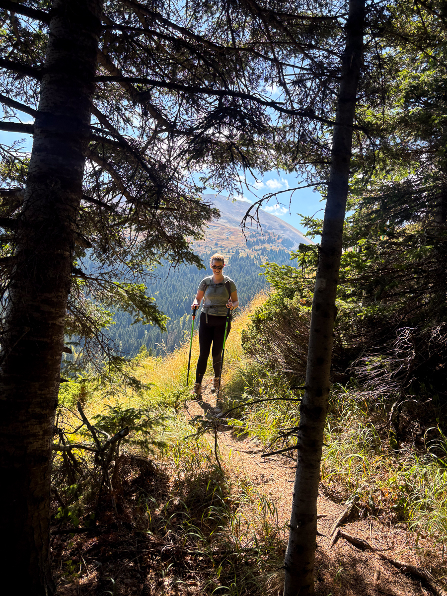 Woman hiking a mountain trail through pine forest with valley views, North Macedonia