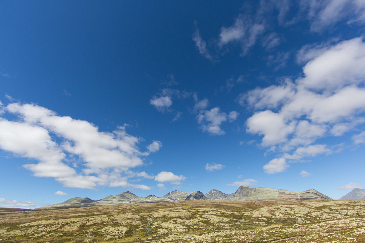 Mountain landscape in Norway with grassy valley under a blue sky, suitable for beginner hiking and yoga holidays