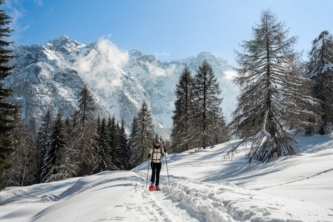 Woman snowshoeing on a snowy mountain trail with pine trees and alpine peaks in winter.