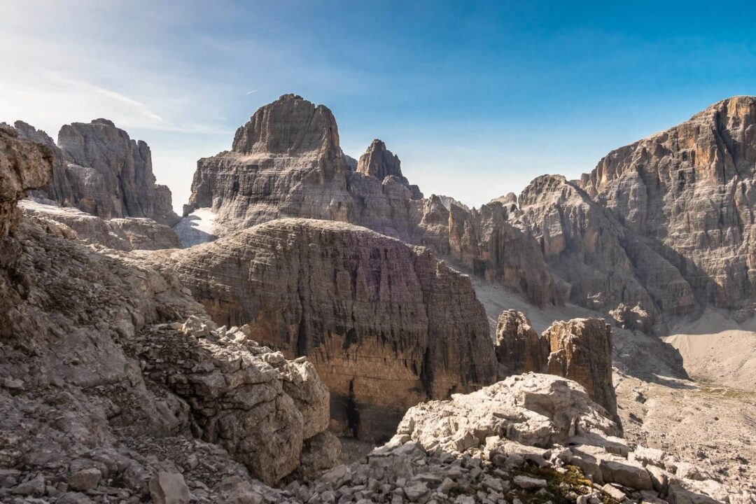 Dolomites rocky mountain landscape for a via ferrata hut-to-hut route in the Italian Alps