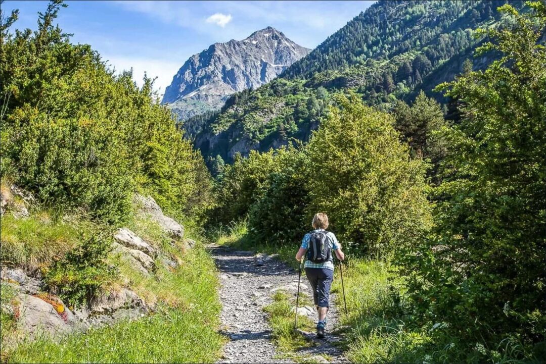 Woman hiking a mountain trail in the Spanish Pyrenees, surrounded by forest and peaks.
