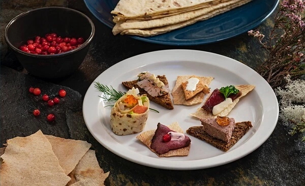 Plate of savoury hors d’oeuvres with cranberry and bread on a rustic table