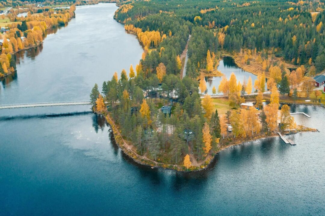 Aerial view of a river winding through autumn forest in Lapland, with a small island and buildings.