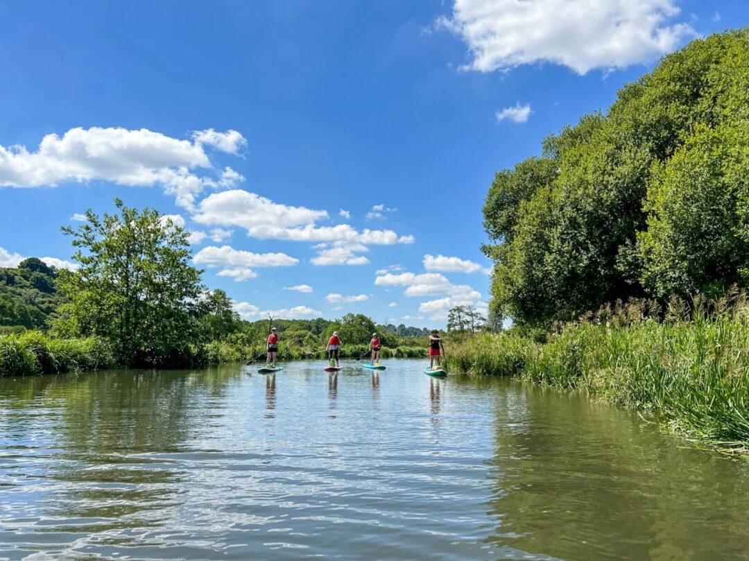 Women paddleboarding on a calm river near wooded banks, under a blue sky with clouds