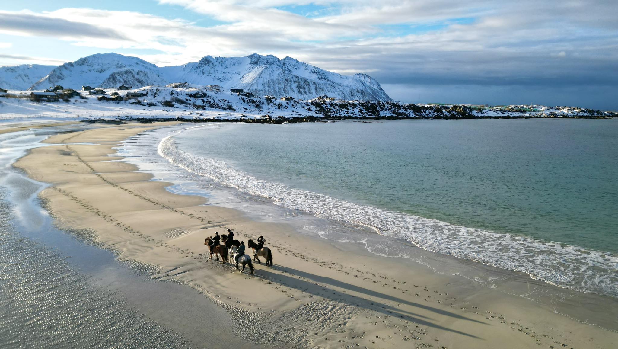 Group pulling sleds along a sandy beach in Lofoten, with sea and snow-dusted mountains in the background