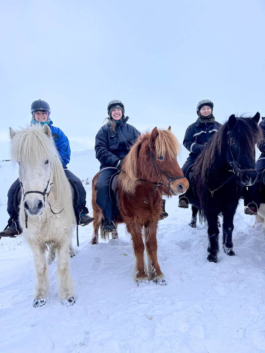Women on horseback in snowy North Iceland during a winter riding activity holiday