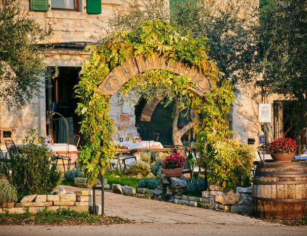 Vine-covered archway in a rustic stone courtyard with tables and barrels, set in a sunny garden.