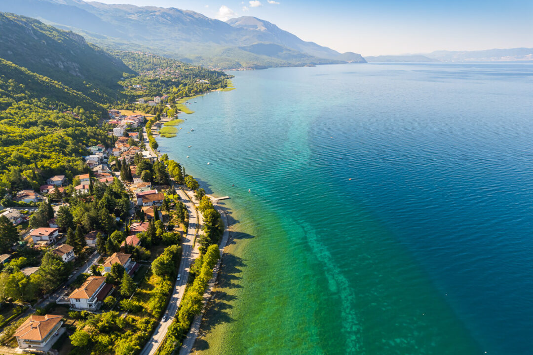 Aerial view of Lake Ohrid coastline in North Macedonia