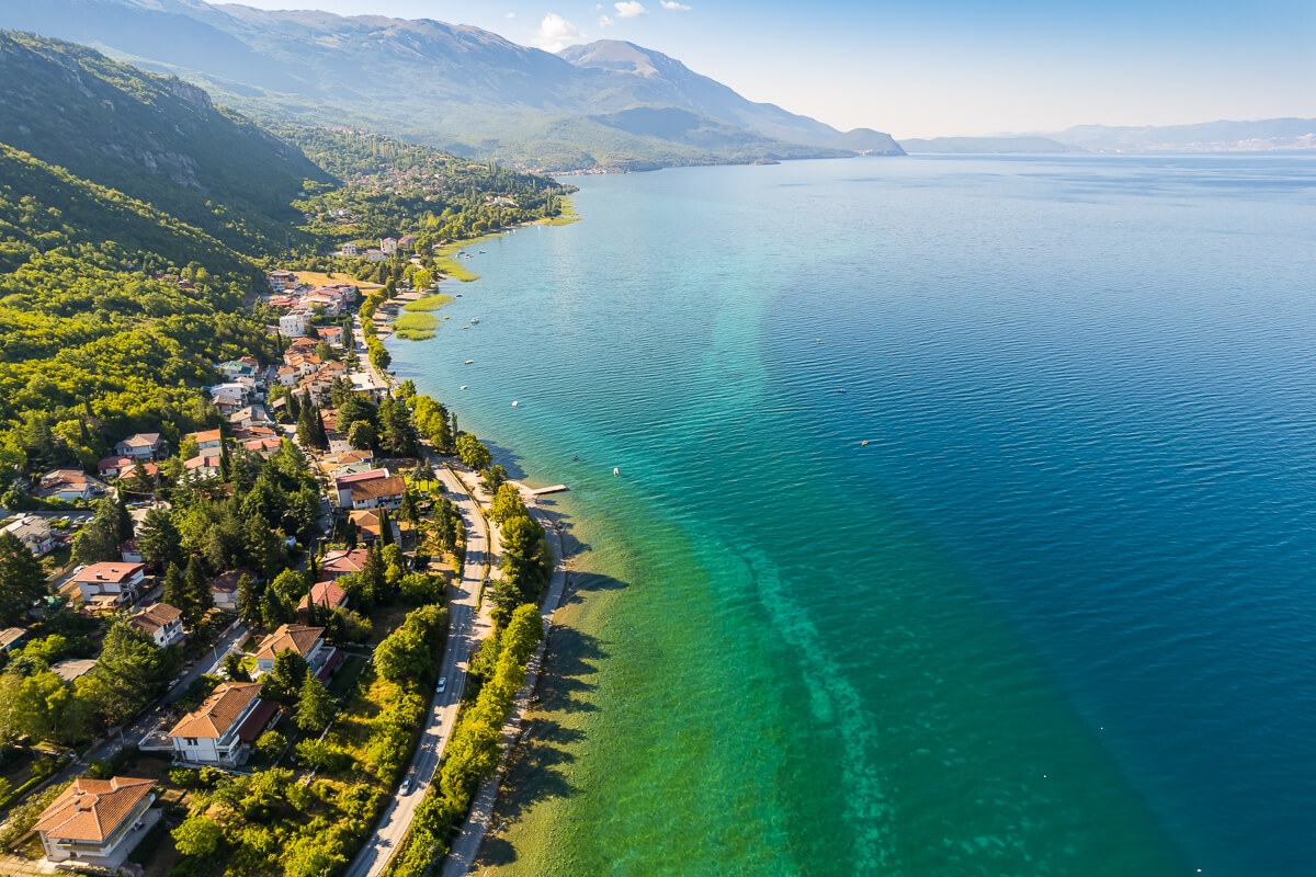 Aerial view of Lake Ohrid coastline in North Macedonia
