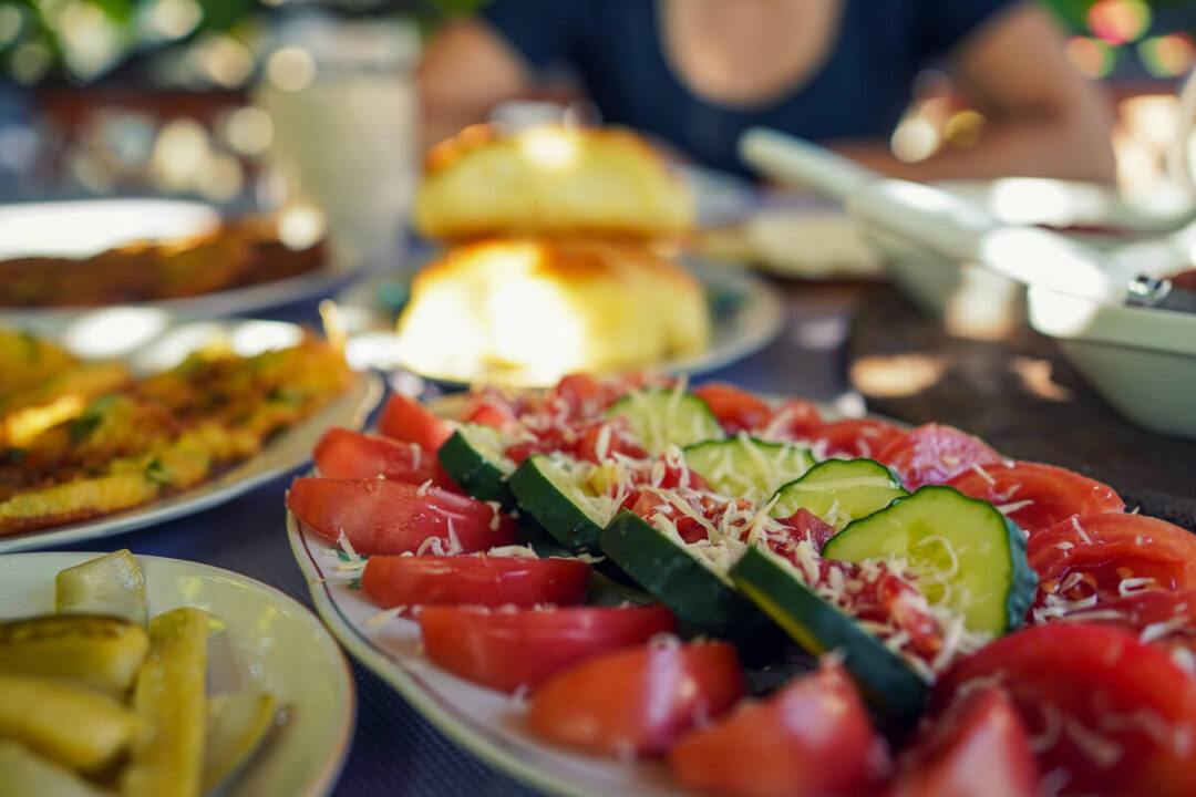 Plates of fresh tomato, cucumber and salad vegetables at a North Macedonia lakeside meal