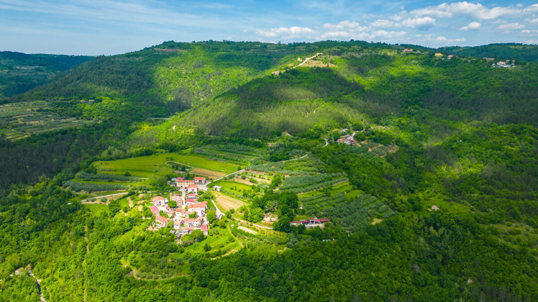Aerial view of a hillside countryside village in a green mountain valley