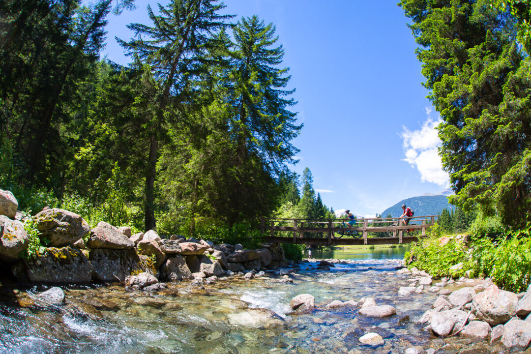 Woman hiking across a wooden bridge over a mountain stream in the Dolomites, Italy