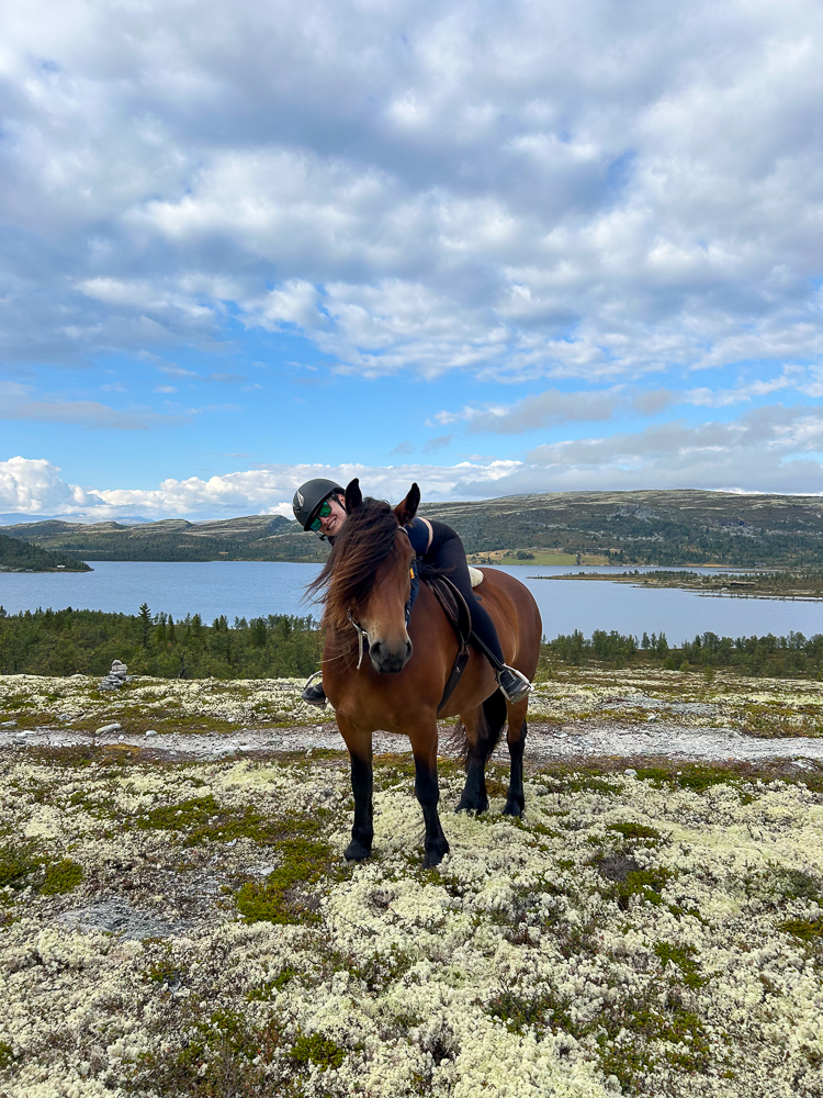 Woman horseback riding across rocky heathland with a lake and hills under a cloudy sky in Europe