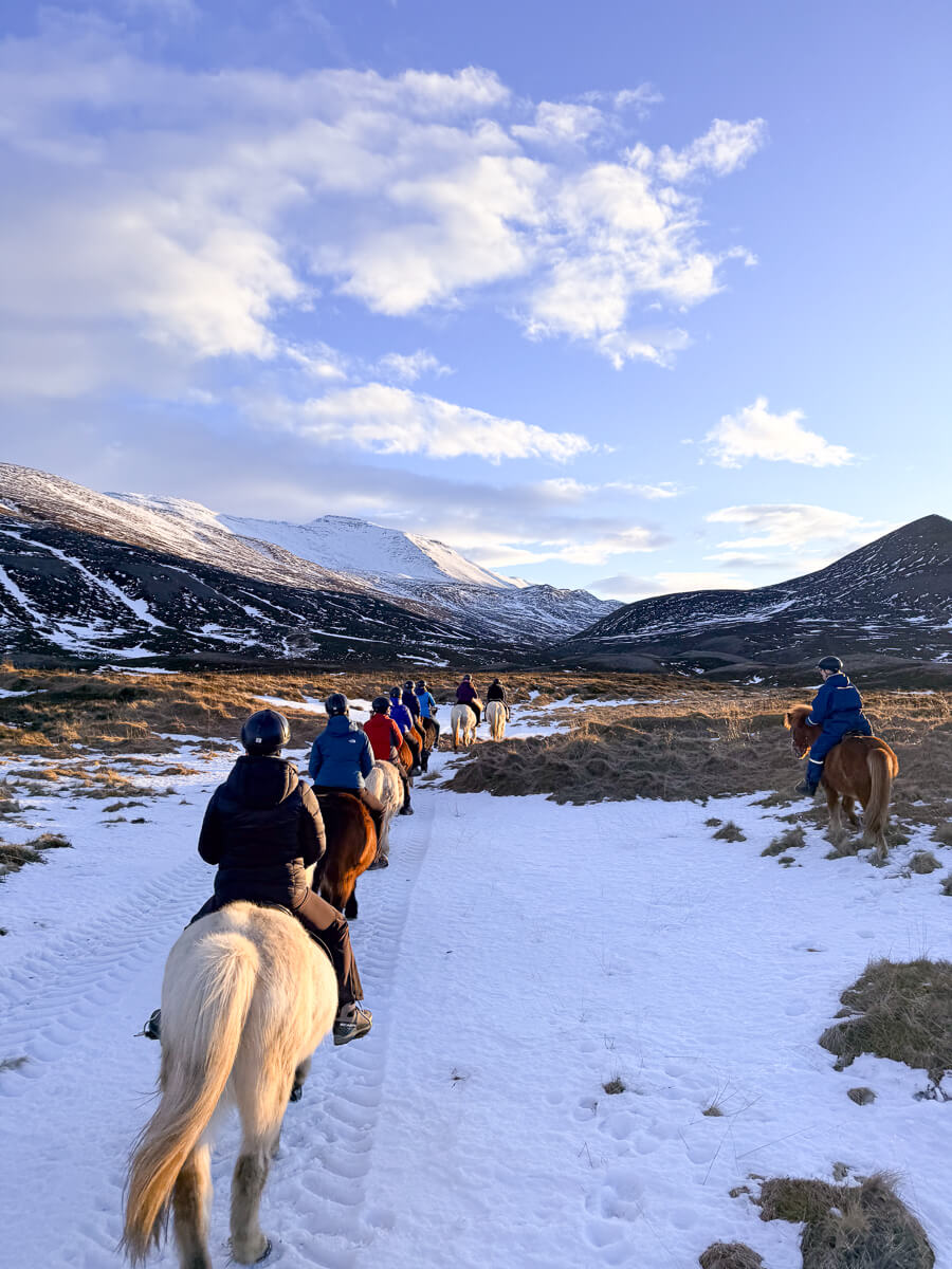 Women horseback riding through snowy North Iceland valley on a winter multi-activity holiday