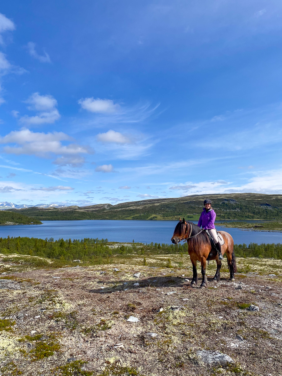 Woman on horseback on a lakeside trail with mountains in the distance under a blue sky