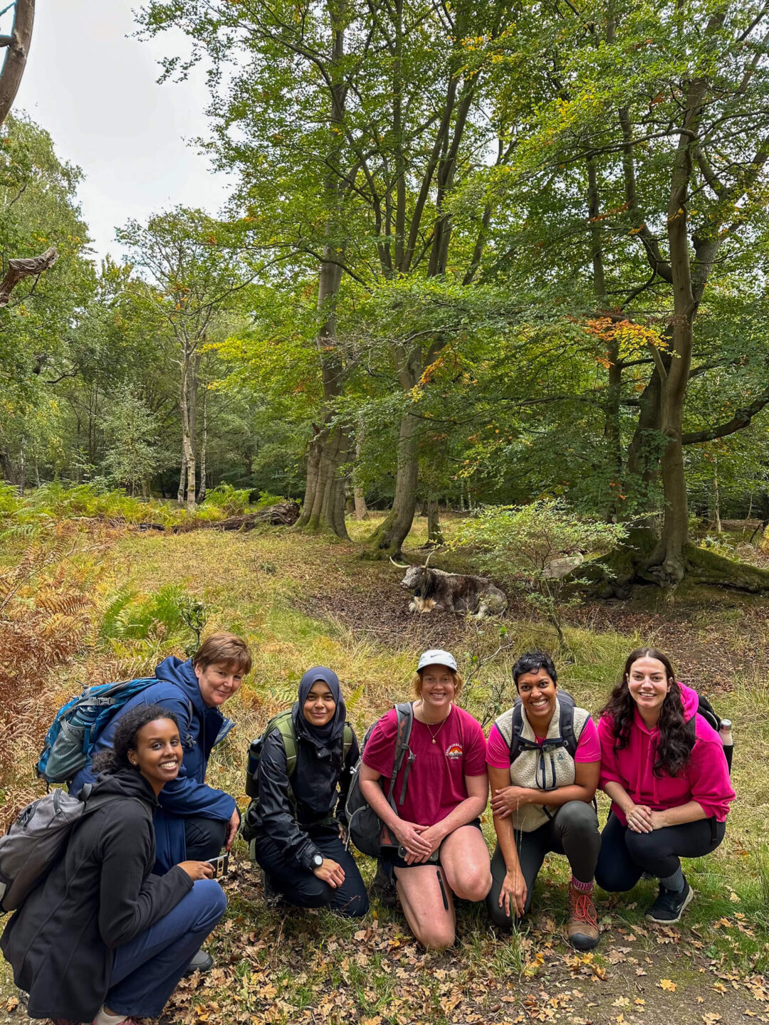 Women on a guided hike, kneeling on a forest trail among trees and autumn foliage