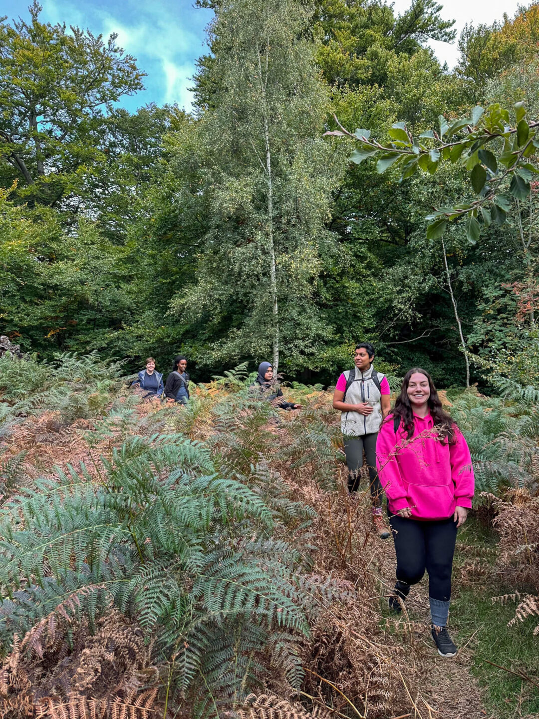 Women on a guided hike along a fern path in Epping Forest near London