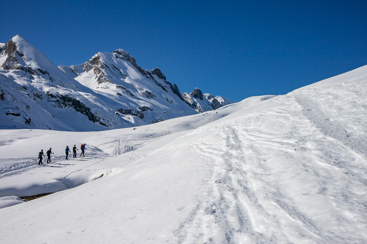 Snowshoeing hikers on a snowy mountain slope with tracks, under a clear blue sky