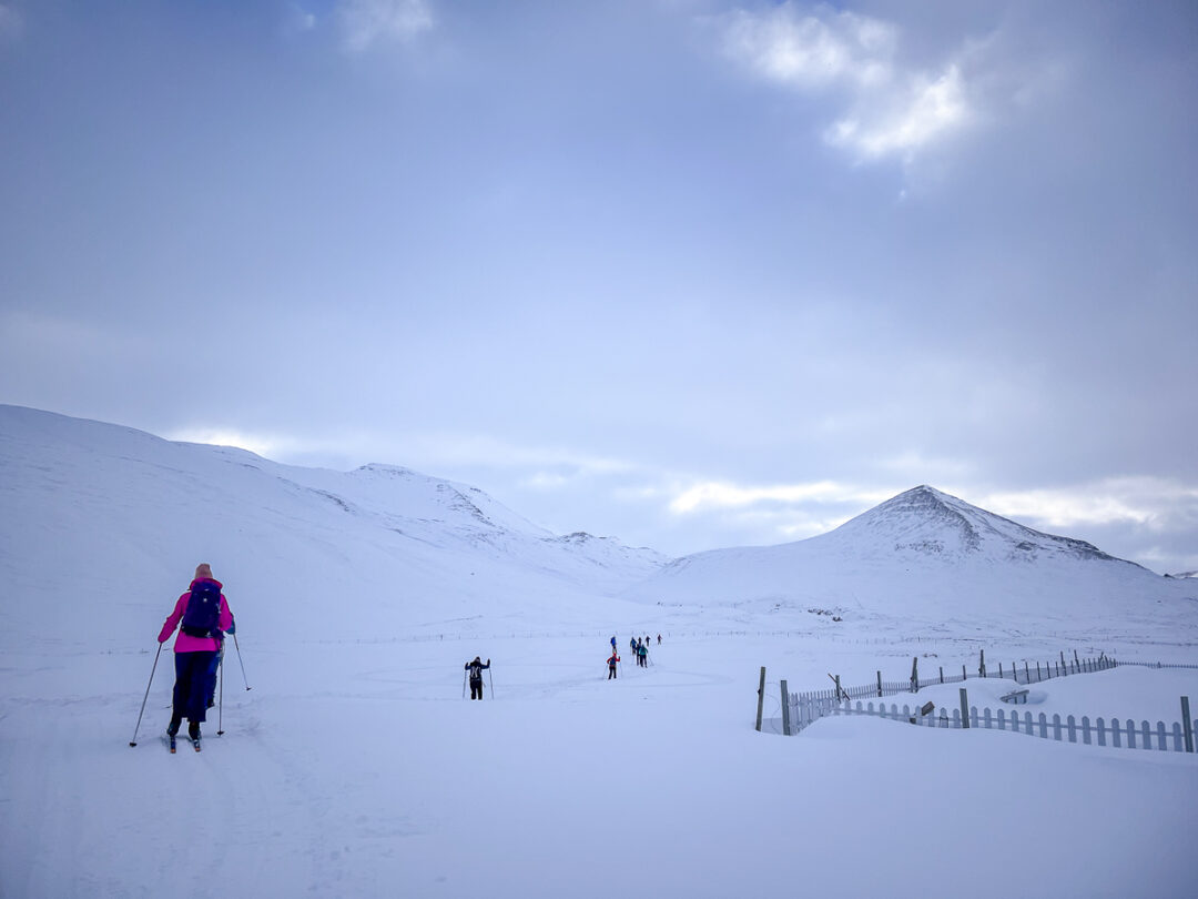Hikers trekking through a snowy mountain valley in winter countryside, with distant peaks under a cloudy sky