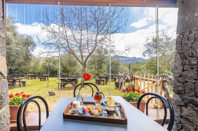 Set breakfast table on a garden patio with chairs, flowers and countryside views through large doors