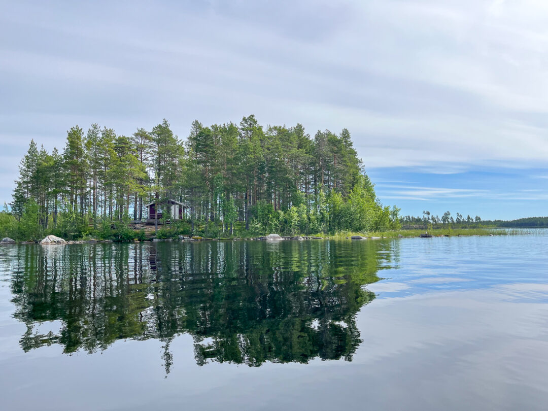 Calm lake with reflections, surrounded by dense green forest under an overcast sky