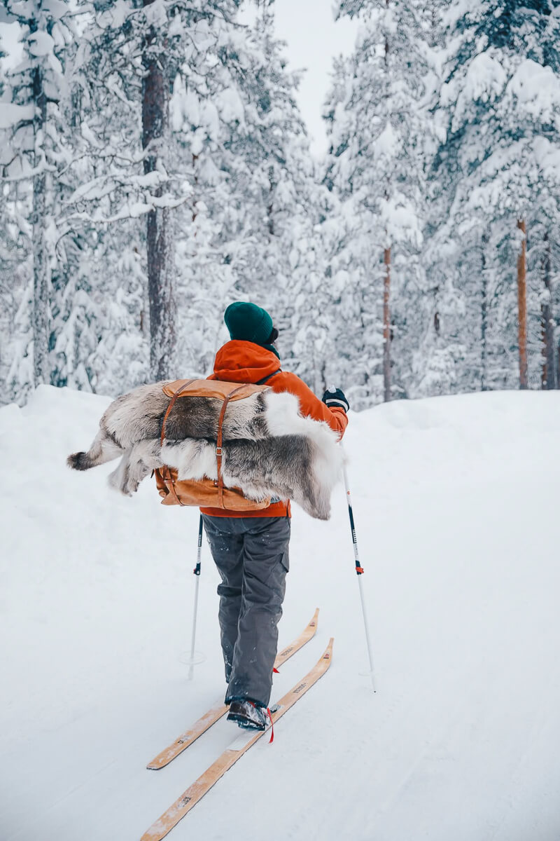 Woman skiing in deep snow through snowy forest in Swedish Lapland, carrying a backpack and skis.