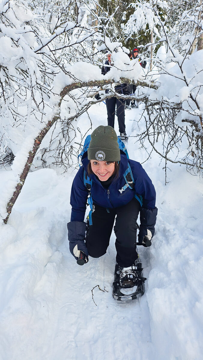 Women beginner cross-country skiing in snowy Norway forest, moving through snow-covered trees on skis
