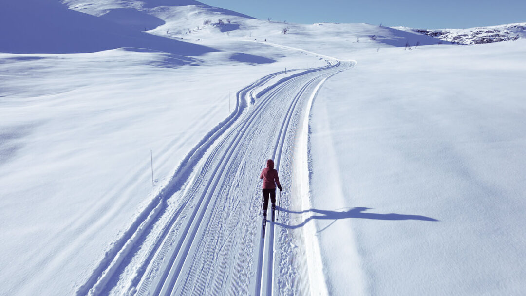 Woman skiing on a snow-covered piste with long ski tracks in Norway’s mountains