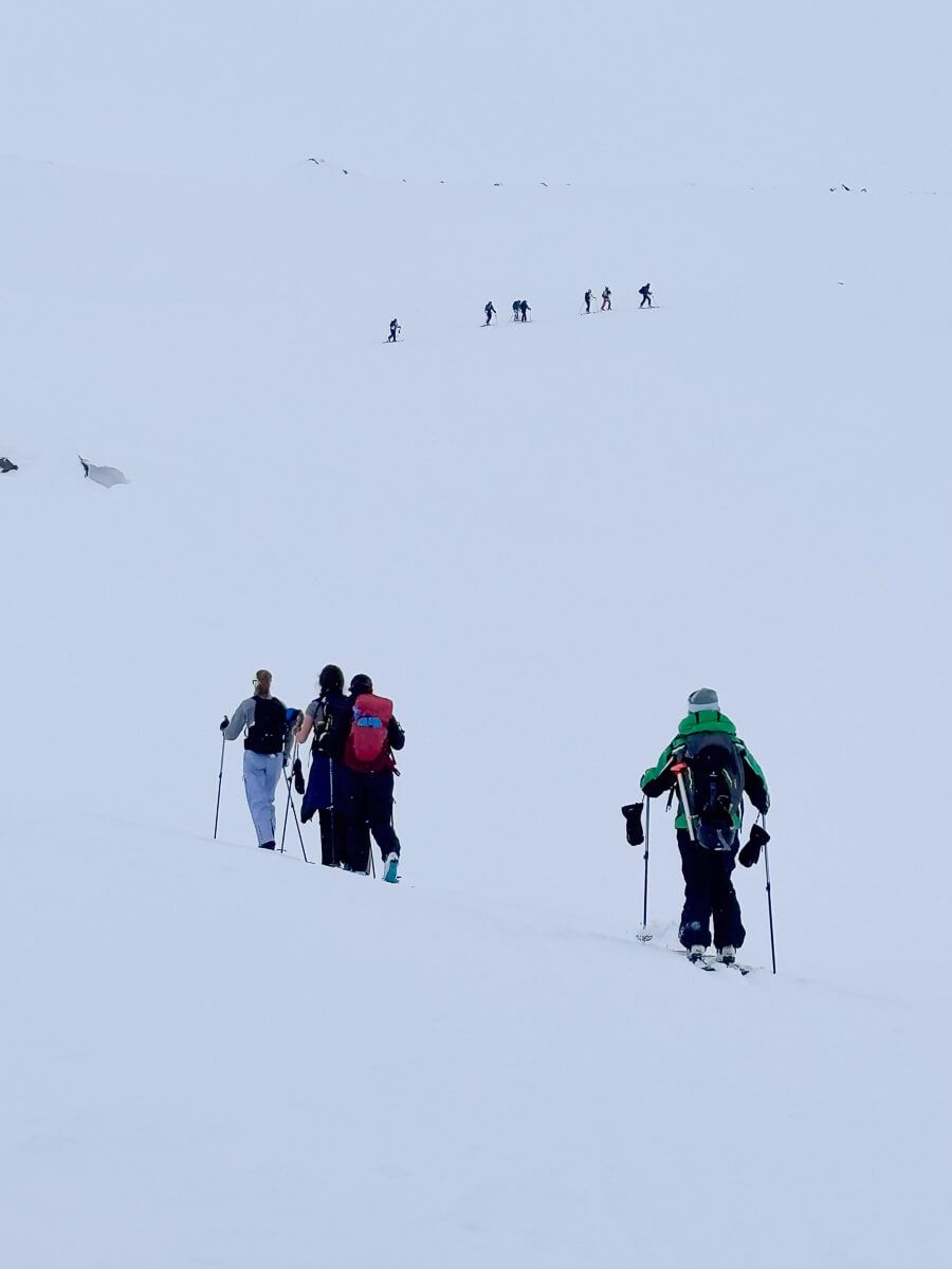 Ski touring group hiking uphill on a snowy slope with skis and poles