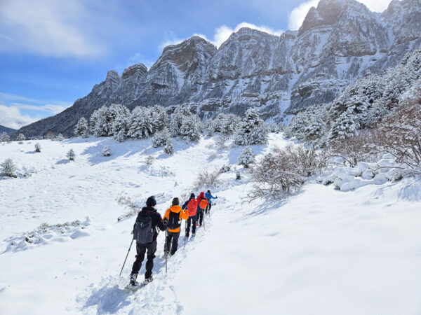 Women snowshoeing through a snowy mountain landscape with rocky peaks and winter trees