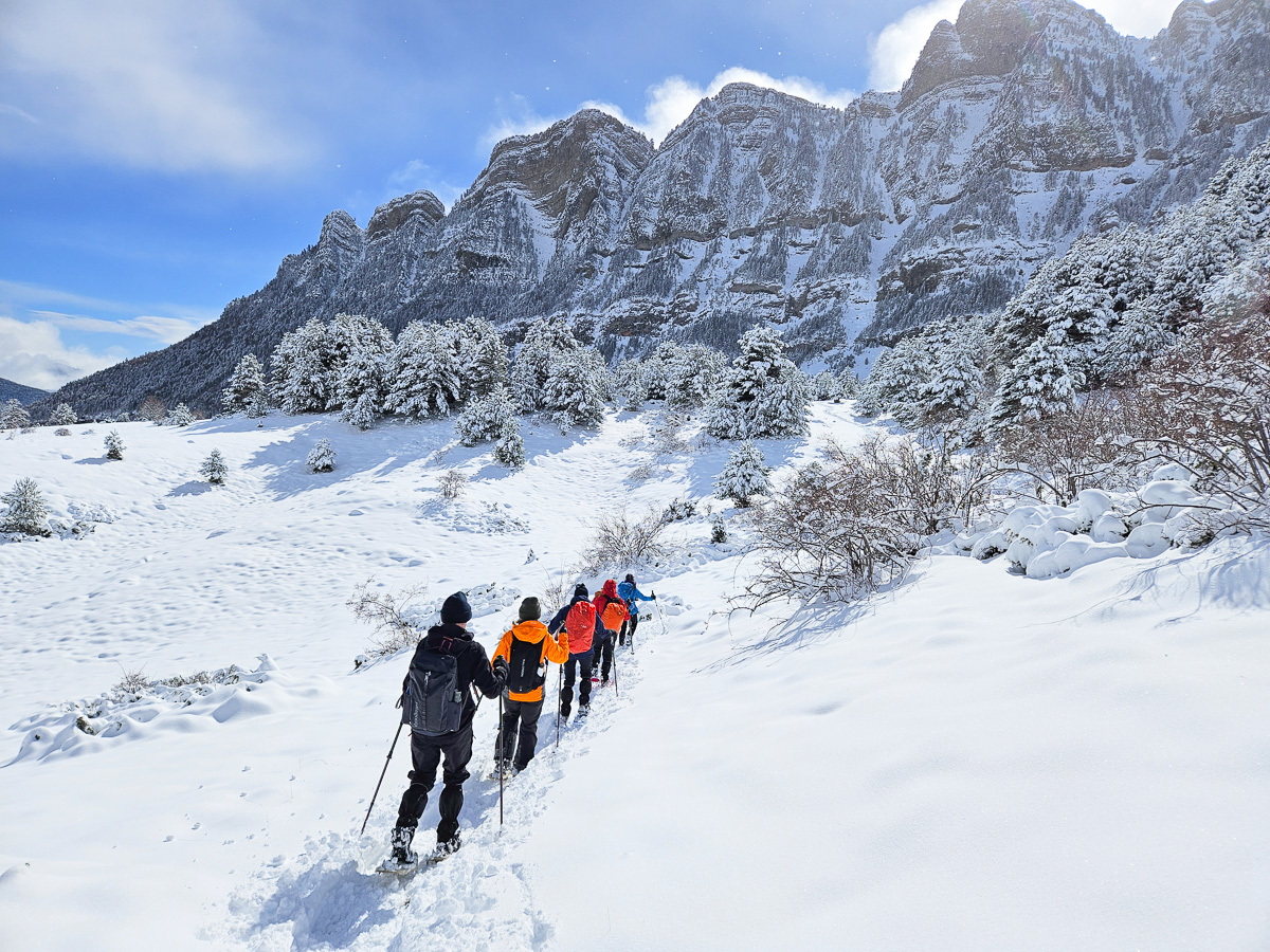 Women snowshoeing through a snowy mountain landscape with rocky peaks and winter trees