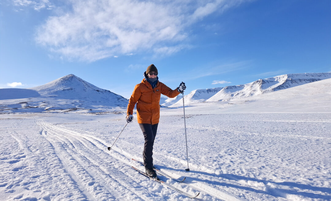 woman cross country skiing in snowy landscape