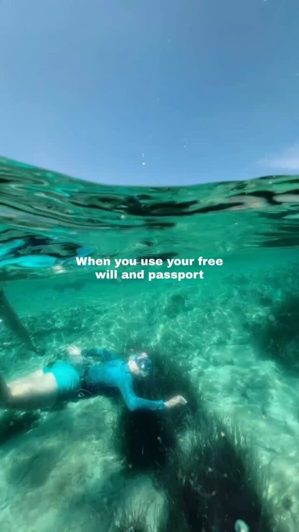 Woman scuba diving in clear turquoise water, with overlaid text “When you use your free will and passport”