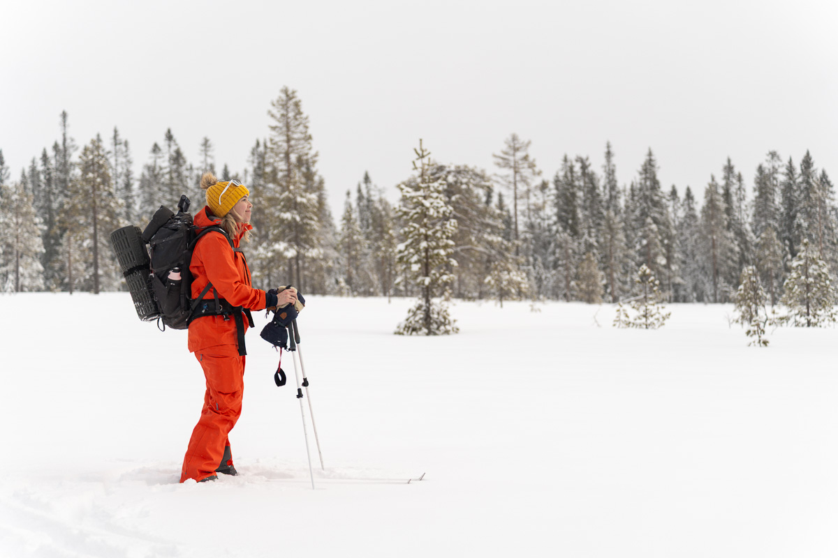 Woman cross-country skiing in a snowy forest landscape during winter outdoors