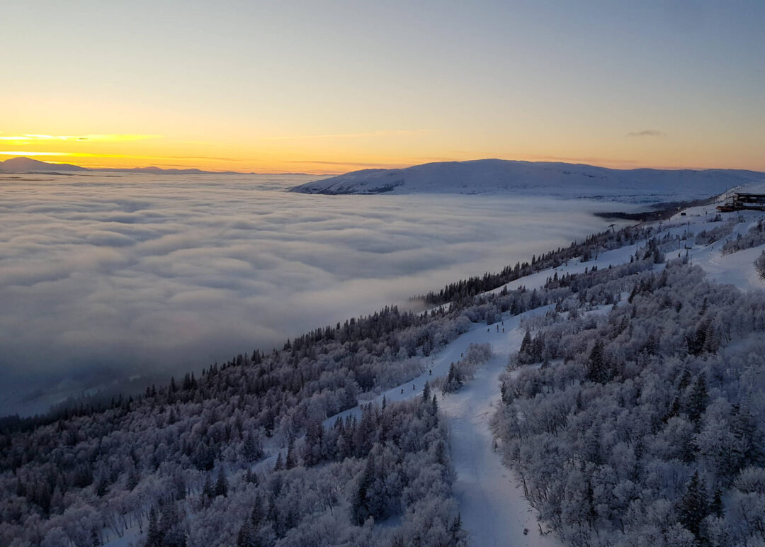 Snowy ski slopes over a misty valley at sunrise in Sweden, with forested hills and fresh powder.