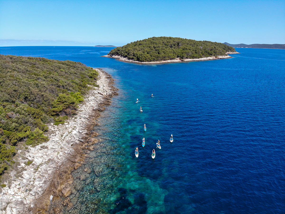 Paddleboarders in clear blue sea near a green island and sandy shoreline, aerial coastal view