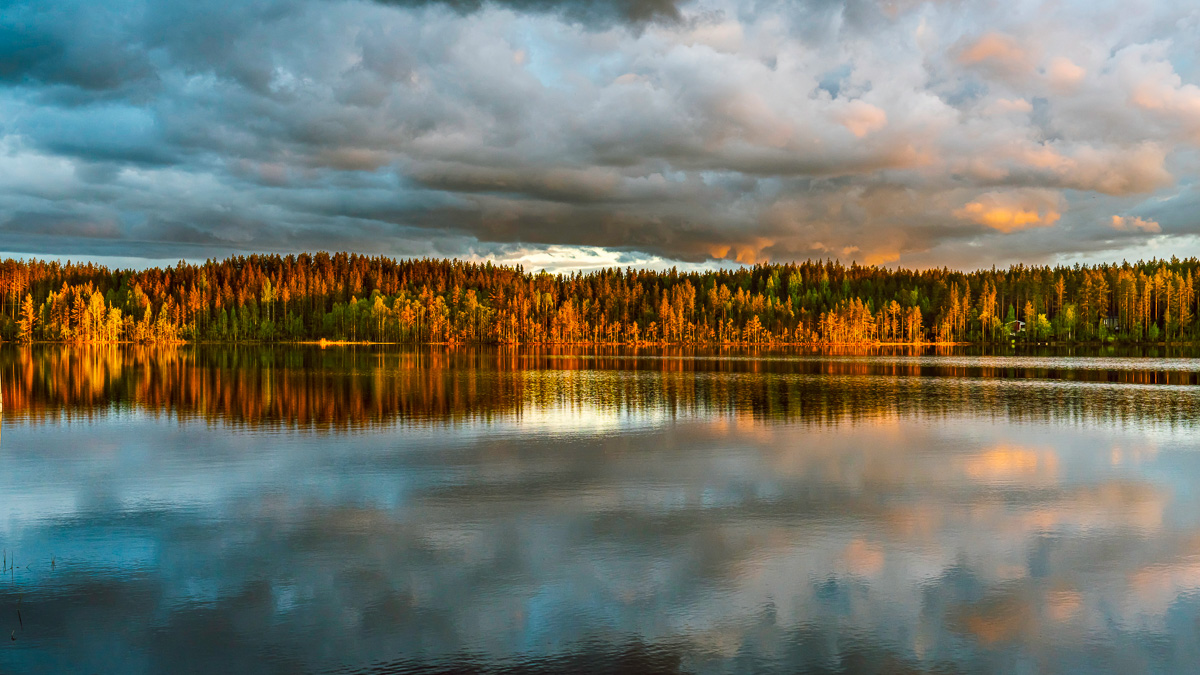 Calm lakeside view of a forest at sunset with reflections in the water and dark storm clouds overhead