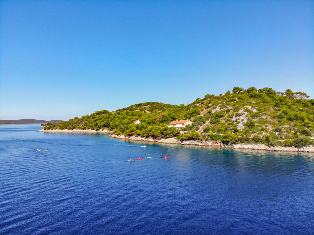 Kayaks on calm sea near a wooded island with small houses