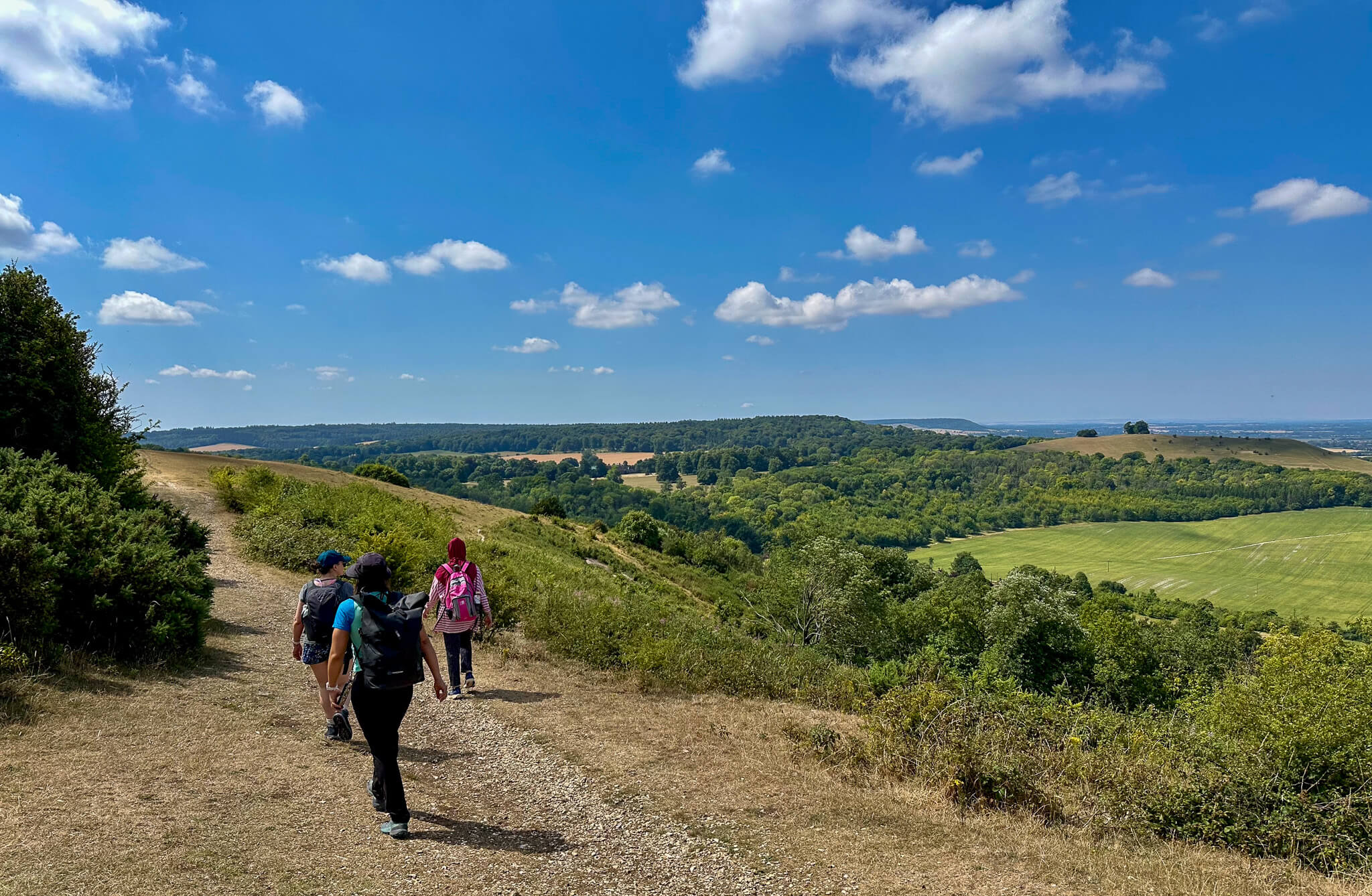 Women hiking a guided trail over the Chilterns countryside near London, with rolling green hills beneath blue skies.