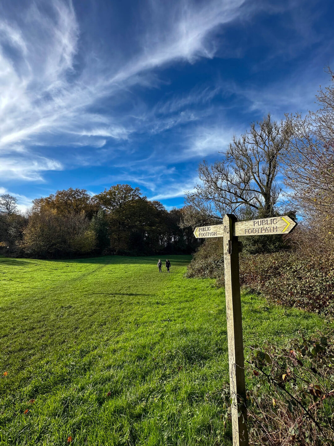 Public footpath signpost with arrow in a countryside field under blue sky, with walkers on the trail