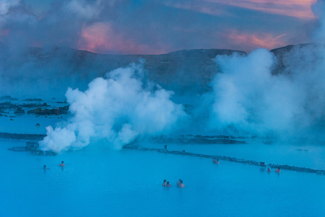 blue lagoon spa in iceland at sunset