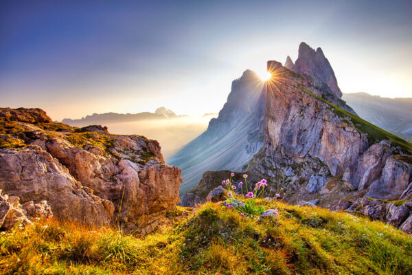 mountain landscape at sunrise in Dolomites Italy