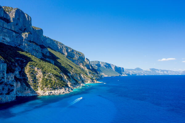 Expansive limestone cliffs covered with green vegetation descend steeply to meet the deep blue Mediterranean Sea near Cala Goloritze, Baunei, Sardinia.