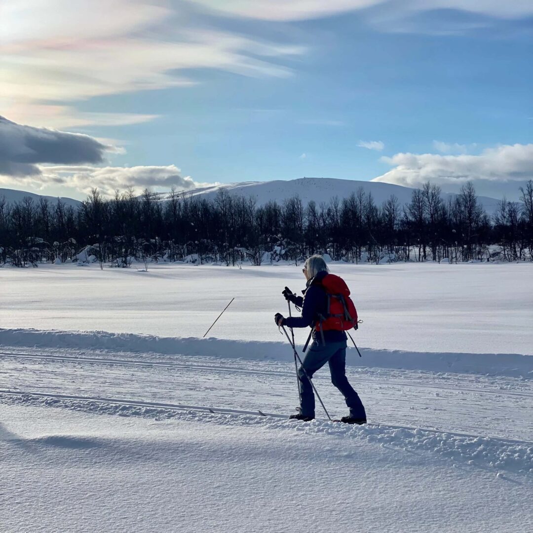 Woman cross-country skiing across snowy fields with mountains in the distance at sunset.