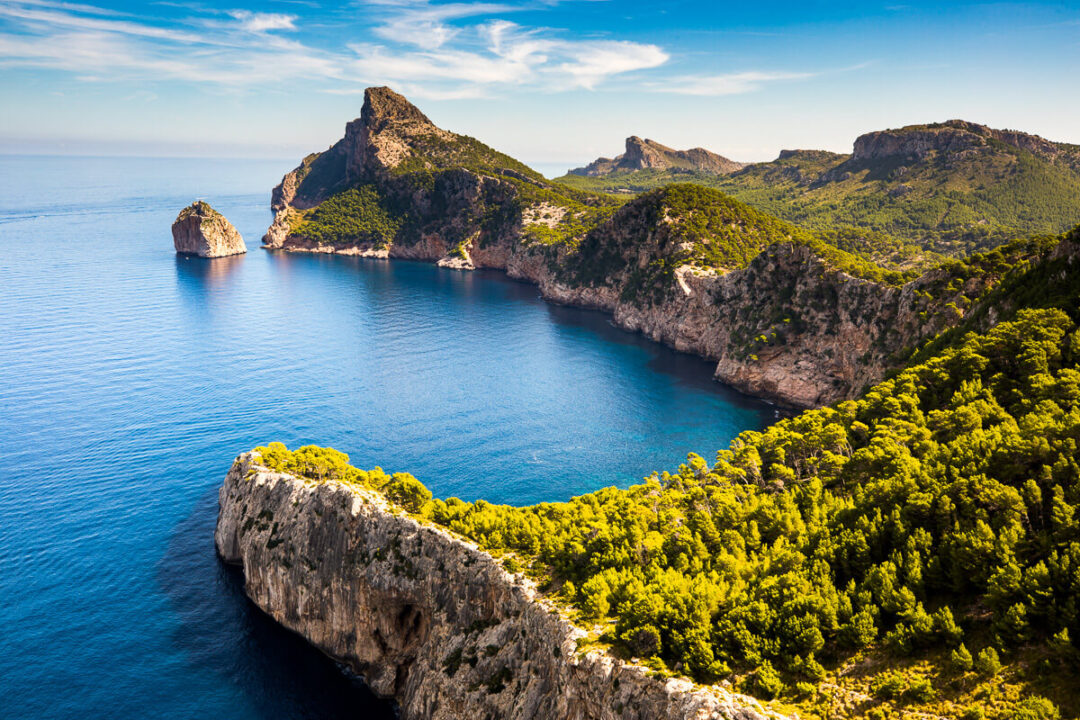 Aerial view of rugged coastal cliffs and a sea cove with lush green vegetation
