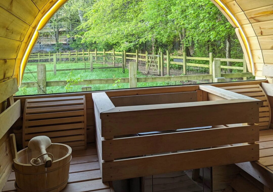 Wooden sauna interior with benches and bucket, looking out to a garden with fence and trees.