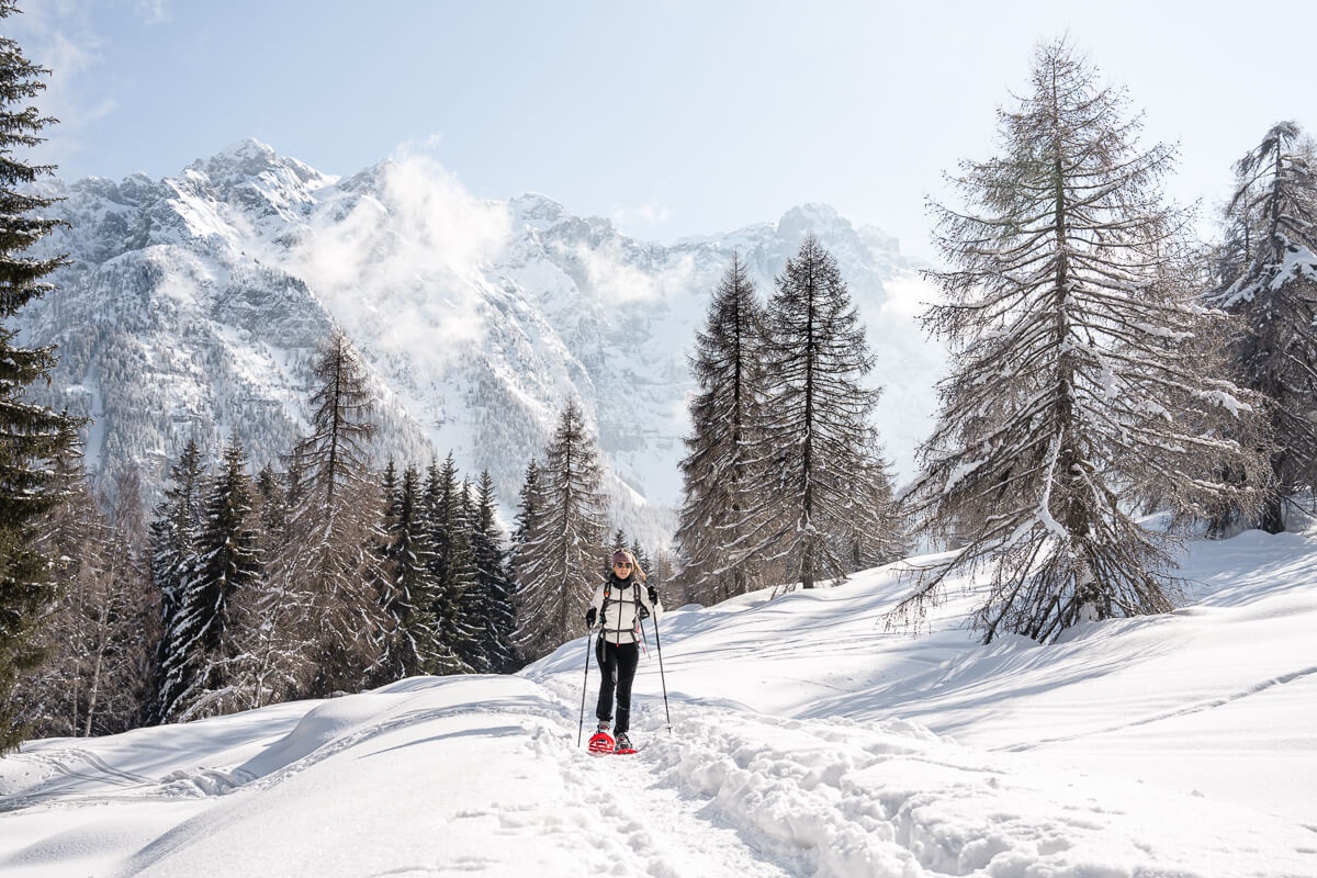 Woman snowshoeing on a snowy trail through a pine forest with alpine mountains in the background